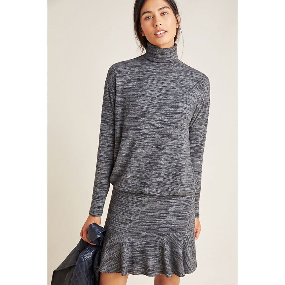 Gray Anthropologie Space Dye Mock Neck Ruffle Hem Long Sleeve Dress (NWT)